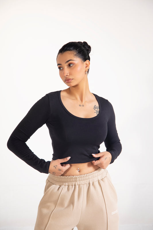 Black Round Neck Long Sleeve Crop Top